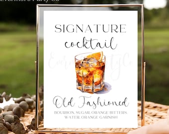 Enseigne de bar à cocktails signature à l&#39;ancienne, modèle modifiable, imprimable en téléchargement immédiat, whisky bourbon, décoration de fête de shower de mariage