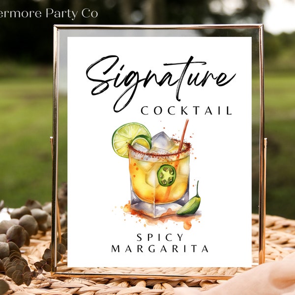 Spicy Margarita Signature Cocktail Drink Instant Download Printable Wedding Bar Sign, Black Minimalist, DIY, Editable Template