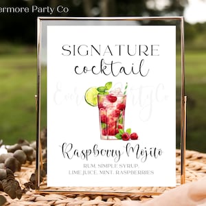 Raspberry Mojito Signature Cocktail Bar Sign, PLANTILLA EDITABLE, Descarga instantánea, Fiesta de evento de despedida de soltera de boda minimalista, Decoraciones