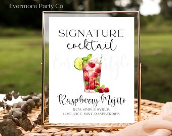 Raspberry Mojito Signature Cocktail Bar Sign, EDITABLE TEMPLATE, Instant Download, Wedding Bridal Shower Event Party Minimalist, Decorations