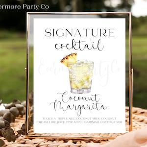 Coconut Margarita Signature Cocktail Drink Sign, Editable Template, Instant Download, Wedding Bridal Shower Party Bar Decor, Minimalist