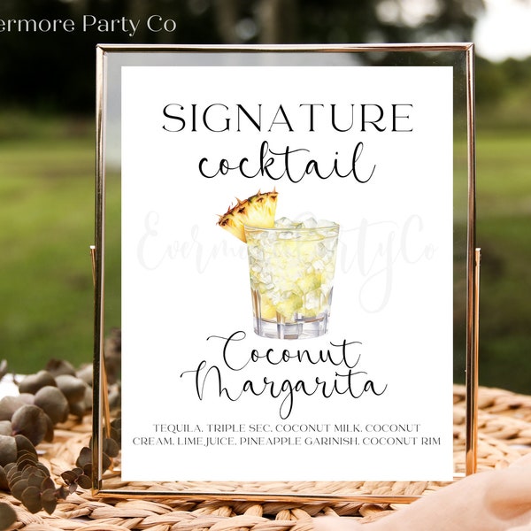 Coconut Margarita Signature Cocktail Drink Sign, Editable Template, Instant Download, Wedding Bridal Shower Party Bar Decor, Minimalist