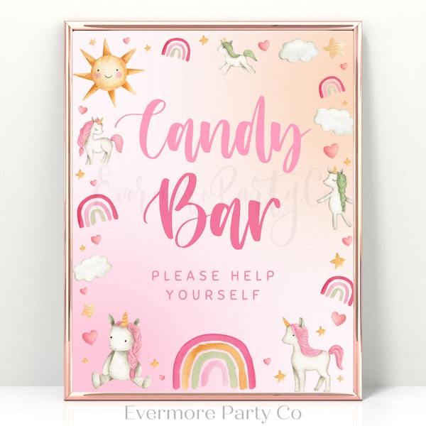 Candy Bar, Pink Orange Sherbert Unicorn, Instant Download Digital Sign, Girls Birthday Party Dessert Table Station, Printable, Decorations