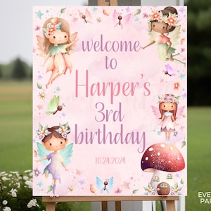 Plantilla de Canva de signo de bienvenida de fiesta de cumpleaños de hadas editable, fiesta de niñas, rosa púrpura, decoraciones de entrada de bricolaje decoración 8x10 16x20