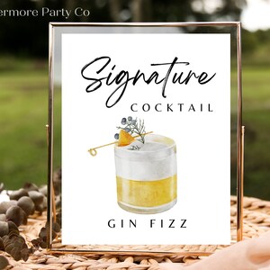 Gin Fizz Signature Drink Cocktail Bar Zeichen, sofortiger Download druckbar, Gin Rezept Hochzeit Braut Event Party minimalistisch, Dekor, bearbeitbar