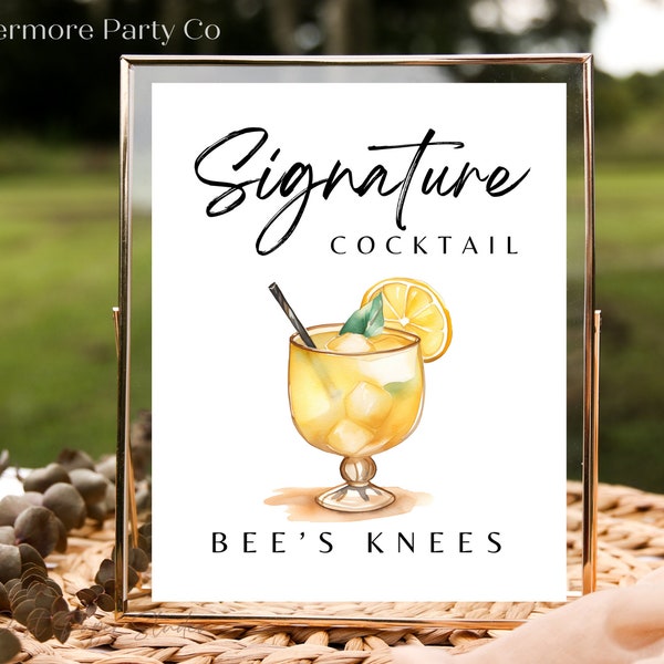 Bee's Knees Signature Cocktail Drink Instant Download Printable Wedding Bar Sign, Gin, Minimalist DIY, Editbale Template