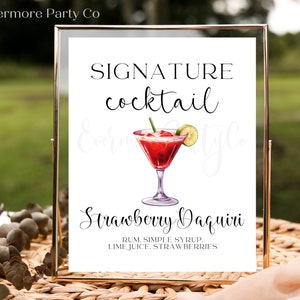 Enseigne de bar à cocktails Signature Strawberry Daquiri, MODÈLE MODIFIABLE, téléchargement immédiat, décoration minimaliste, événement de fête de douche nuptiale de mariage