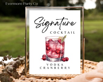 Vodka Cranberry Signature Cocktail Drink Instant Download Printable Wedding Bar Sign, Vodka Cran, Minimalist, DIY Decor, Editable Template