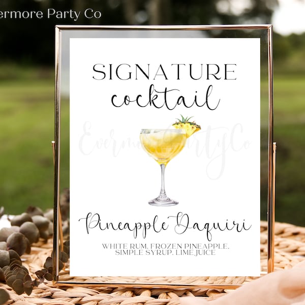 Pineapple Daquiri Signature Cocktail Drink Bar Sign, Editable Template, Instant Download, Rum, Wedding Party Bridal Shower Event Decorations