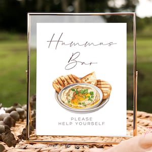 Hummus Bar Schild, bearbeitbare Canva Vorlage, sofortiger Download druckbar, Lebensmittel Tischmenü Schild, Hochzeit Dusche Party Dekor Snacks mediterran