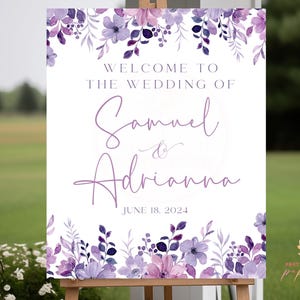 Purple Floral Wedding Foam Board Welcome Sign, Printed or Digital, Garden Lavender Lilac, Entry Decorations, Ceremony, Reception, Decor