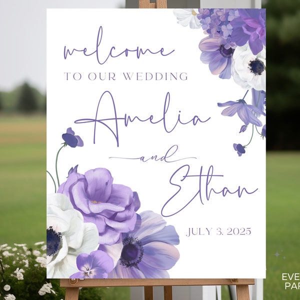 Purple Anemone Floral Wedding Foam Board Welcome Sign, Garden, Lilac, Lavender, Flowers, Entry Decorations, Ceremony, Reception, Entry