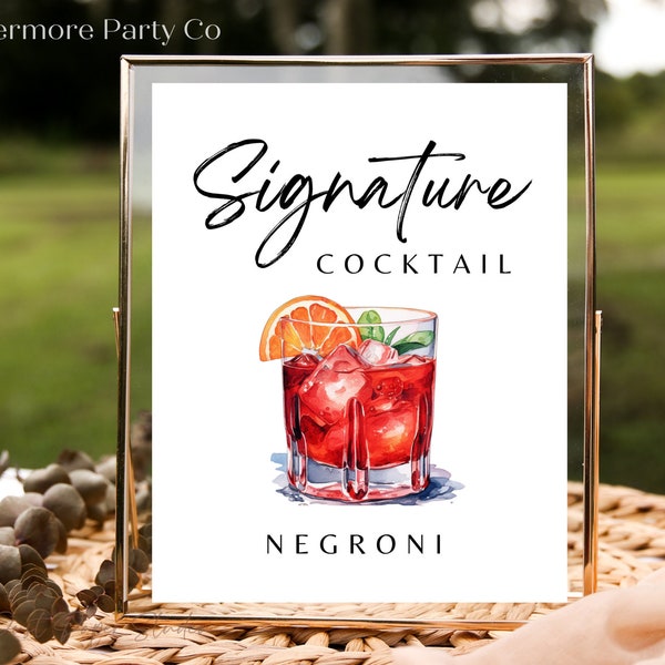 Negroni Signature Drink Cocktail Bar Sign, Gin, Instant Download Wedding Bridal Event Party Minimalist DIY Decor, Editable Template