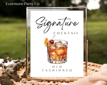 Enseigne de cocktail signature à l&#39;ancienne, barre de mariage imprimable en téléchargement immédiat, décoration minimaliste, bricolage, modèle modifiable