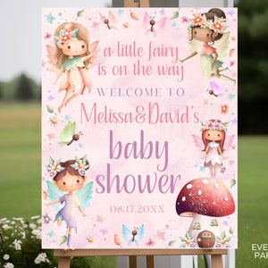 Plantilla de Canva de signo de bienvenida de Baby Shower de hadas editable, fiesta de niñas, rosa púrpura, decoraciones de entrada DIY decoración 8x10 16x20