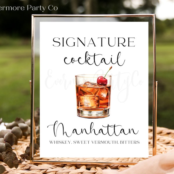 Signo de bebida de cóctel exclusivo de Manhattan, plantilla editable, descarga instantánea imprimible boda despedida de soltera fiesta bar decoración minimalista