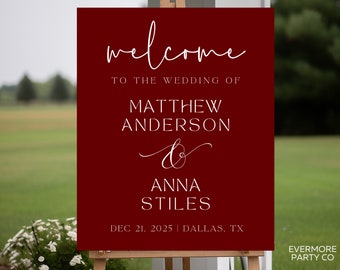 Custom Printed or Digital Maroon Red Wedding Entry Welcome Sign, Wedding Ceremony, Reception, Decorations, Modern, Minimalist, Wine Burgundy