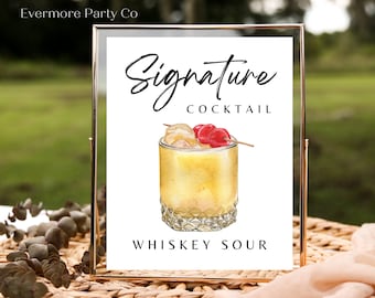 Whiskey Sour Signature Drink Cocktail Bar Sign, Instant Download Wedding Bridal Event Party Minimalist, DIY Decor, Print, Editable Template