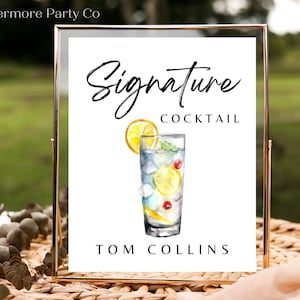 Tom Collin Signature Drink Cocktail Bar Schild, Gin Rezept, sofortiger Download, Hochzeit Braut Event Party Minimalist, DIY bearbeitbare Vorlage