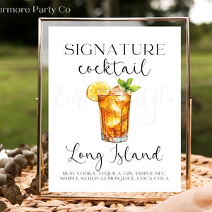 Long Island Ice Tea Signatur Cocktail Drink Zeichen, bearbeitbare Vorlage, Sofortiger Download, druckbare Hochzeit Bridal Shower Party Bar Dekor