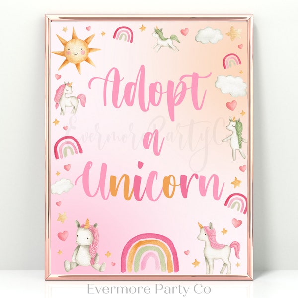 Adopt A Unicorn, Pink Orange Sherbert Unicorn, Instant Download Digital Sign, Girls Birthday Party Favor Gift Table, Printable, Decor