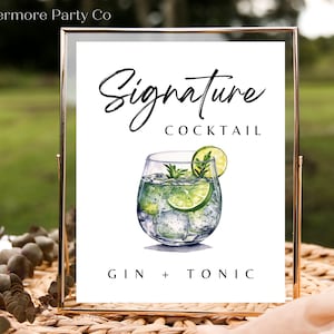 Gin Tonic Signatur Cocktail Drink Sofortiger Download druckbare Hochzeit Bar Schild, minimalistisch, DIY, Dekor, bearbeitbare Vorlage