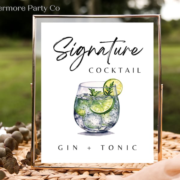 Gin and Tonic Signature Cocktail Drink Instant Download Printable Wedding Bar Sign, Minimalist, DIY, Decor, Editable Template