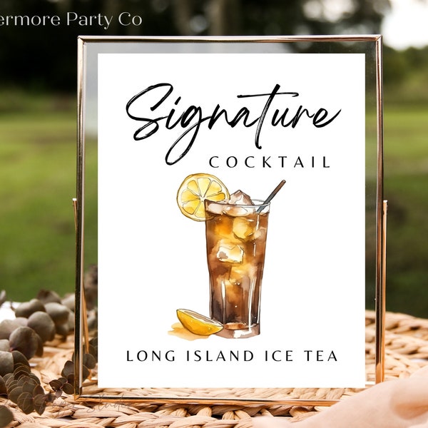 Long Island Ice Tea Signature Drink Cocktail Bar Sign, Recipe, Instant Download, Wedding Bridal Event Party Minimalist, Editable Template