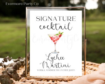 Lychee Martini Signature Cocktail Drink Sign, Editable Template, Instant Download Printable, Wedding Bridal Shower Party Bar Decor