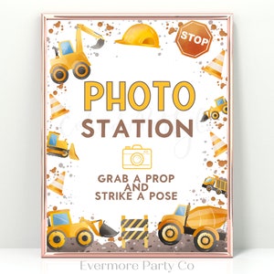Signo imprimible de Photo Station, Construcciones amarillas, Descarga instantánea digital, Baby Shower de fiesta de cumpleaños de niño, Estación de imágenes, Decoraciones