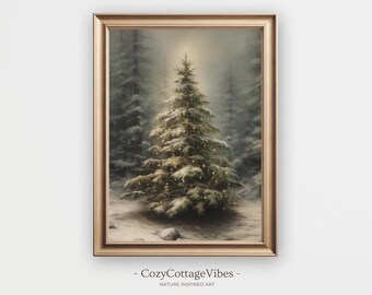 Christmas Tree Wall Art Vintage Printable Holiday Decoration, Cottagecore Decor Gallery Wall Digital Print, Snowy Forest