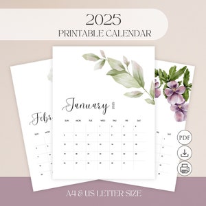 2025 Printable Floral Calendar Monthly Planner Wall Calendar Sunday Start Digital Download PDF Fillable Template for Home Office Accessories