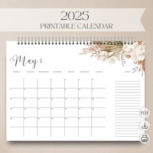 Calendario imprimible 2025, planificador digital mensual floral, calendario horizontal, plantilla de calendario de pared horizontal con inicio el lunes en formato PDF para el hogar y la oficina