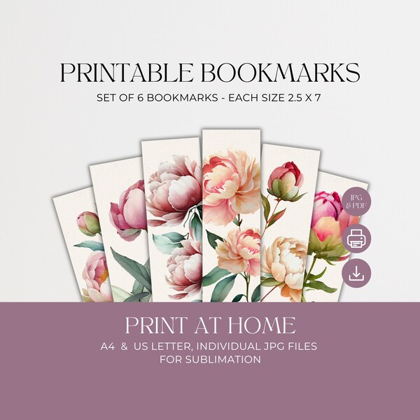 Printable Bookmarks, Pink Watercolor Flowers, Bundle Set of 6, Floral Book Lover Gift, Bookmark Sublimation Print, Digital Download PDF