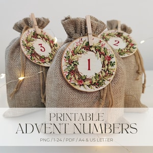 Druckbare Adventskalender Zahlen 1-24 Weihnachten Countdown Adventszahlen PNG Urlaub Basteln Weihnachtskranz Print and Cut Advents Tags