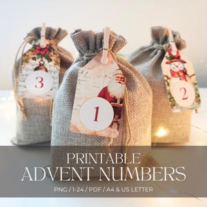 Printable Advent Calendar Number Tags Vintage Style Christmas Countdown DIY Print at Home Number Stickers Cottagecore Holiday Decor Gifts
