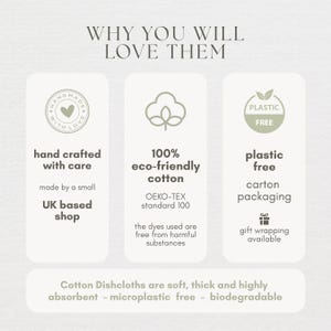 May include: An informational graphic with text about cotton dishcloths. The text highlights features such as being hand-crafted, made from 100% eco-friendly cotton, and plastic-free. The dishcloths are described as soft, thick, and highly absorbent.