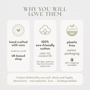 May include: An informational graphic with text about cotton dishcloths. The text highlights features such as being hand-crafted, made from 100% eco-friendly cotton, and plastic-free. The dishcloths are described as soft, thick, and highly absorbent.