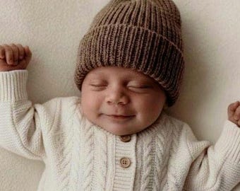 Gezellige babymuts zachte merinowol gebreide pasgeboren muts genderneutraal cadeau Come Home outfit foto prop