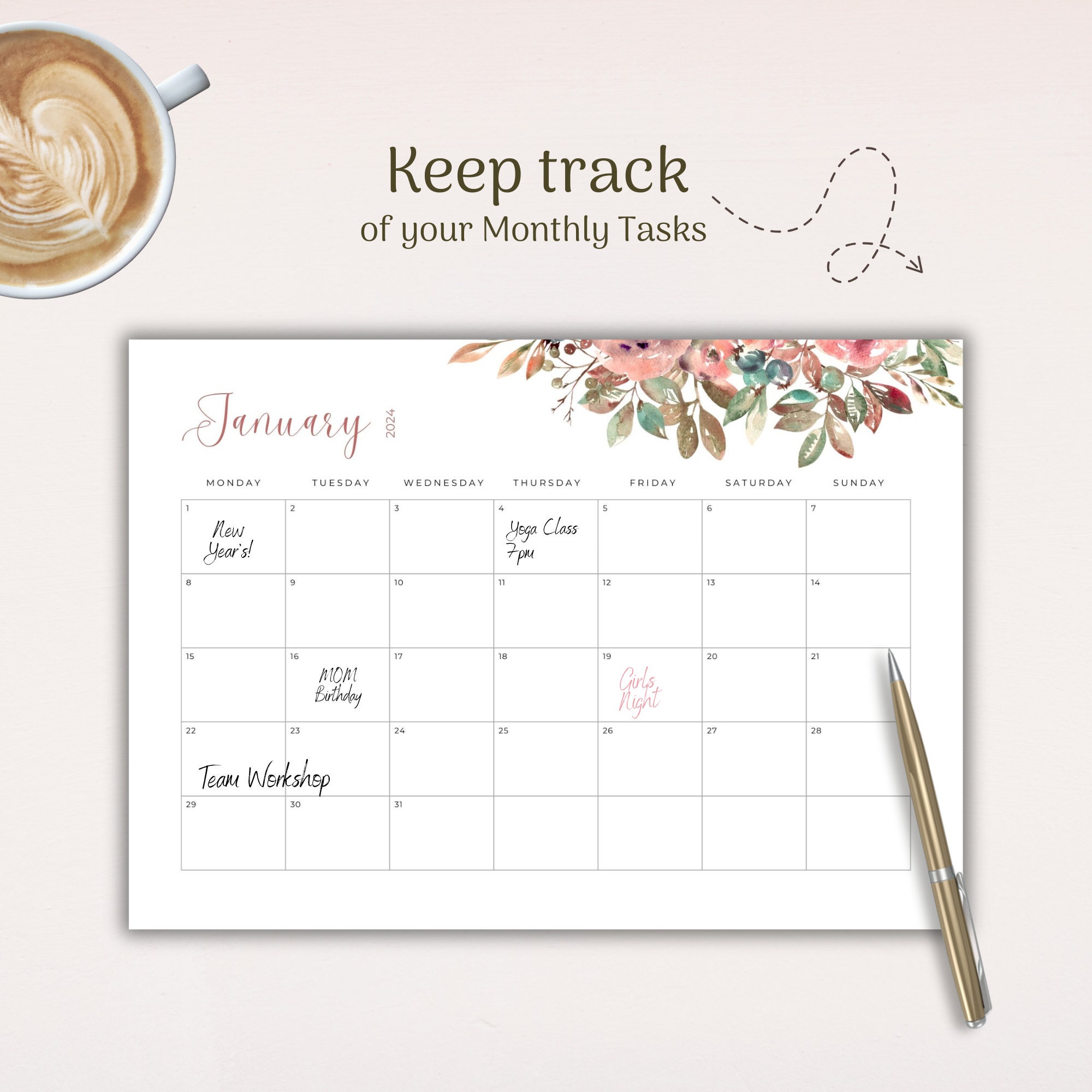 Printable Calendar 2024 Monthly Planner Horizontal Desk Calendar Flower