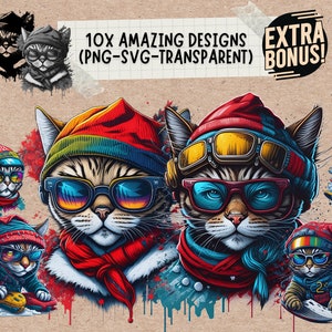 Tête de chat avec bonnet d'hiver et lunettes de soleil SVG PNG Bundle - Art numérique transparent pour les amoureux des animaux de compagnie Illustration de chat d'hiver