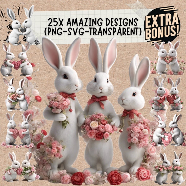 Happy Valentines Day With Two Bunny Rabbit In Love Svg & Png Bundle for Lover Gift print, cute boho bunny valentine shirt svg png designs