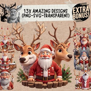 Inverno Natale simpatico gnomo cervo e caro Babbo Natale adesivi clip bundle, ciao tumbler grafica gonk png sublimazione
