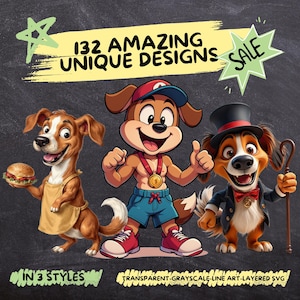 Funny Dog Designs Bundle | Tired, Playful, Confused Dogs in Sweaters, Cowboy Hats, Superhero Costumes – JPEG, PNG, SVG, Transparent Formats