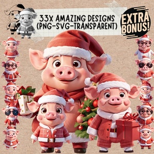Christmas Cute Pig Svg & Png Clipart Art Bundle, animales de granja al aire libre svg cerdos ornamentan regalos de decoración