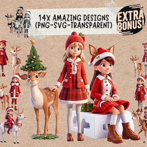 Paquete de sublimación de Gnomo de Navidad Svg & Clipart, paquete de vectores de escena de ciervo de Navidad bebé y camisa de caza de cara de reno de invierno svg