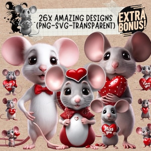 Happy Valentines Day schattige muis met oren Png & Svg-bundel, ik mis hou van je baby Valentijnsdag shirt en beker svg-ontwerp