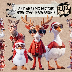 Funny Merry Christmas Animals With Santa Hat Svg Png Clipart & Sticker Bundle, bois et animaux de la ferme pingouin loup chat cerf ours renard cochon
