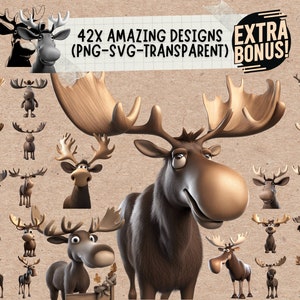 Moose Head Svg & Png Clipart Bundle avec monogramme Svg, nature forêt bois animaux bois d’orignal extérieur décor ornements svg