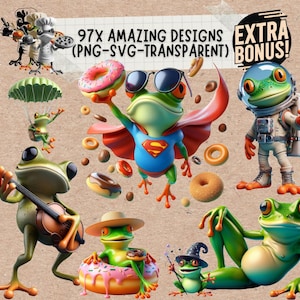 Peut inclure: Une collection de 97 illustrations numériques représentant des grenouilles de dessin animé dans diverses poses et tenues. Les grenouilles portent des chapeaux, des lunettes de soleil, jouent d'instruments de musique et tiennent des beignets. Le texte "97X AMAZING DESIGNS (PNG-SVG-TRANSPARENT) EXTRA BONUS!" est affiché en haut de l'image.